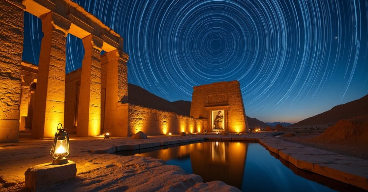 Egypt Night Photography: Star Trails over Luxor Temple Ruins Egypt Night Photography: Star Trails over Luxor Temple Ruins